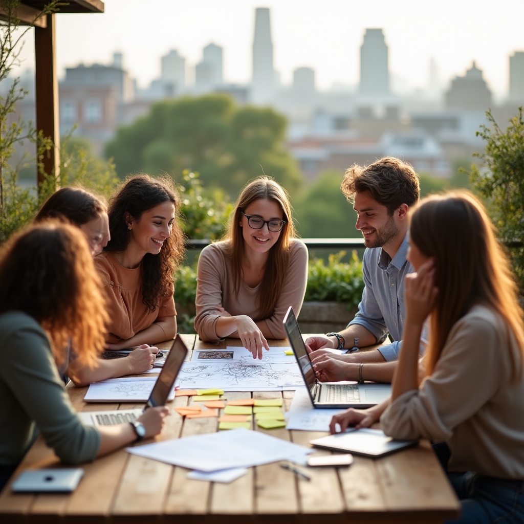 Equipo de trabajo generando ideas juntos en una mesa exterior con notas y bocetos