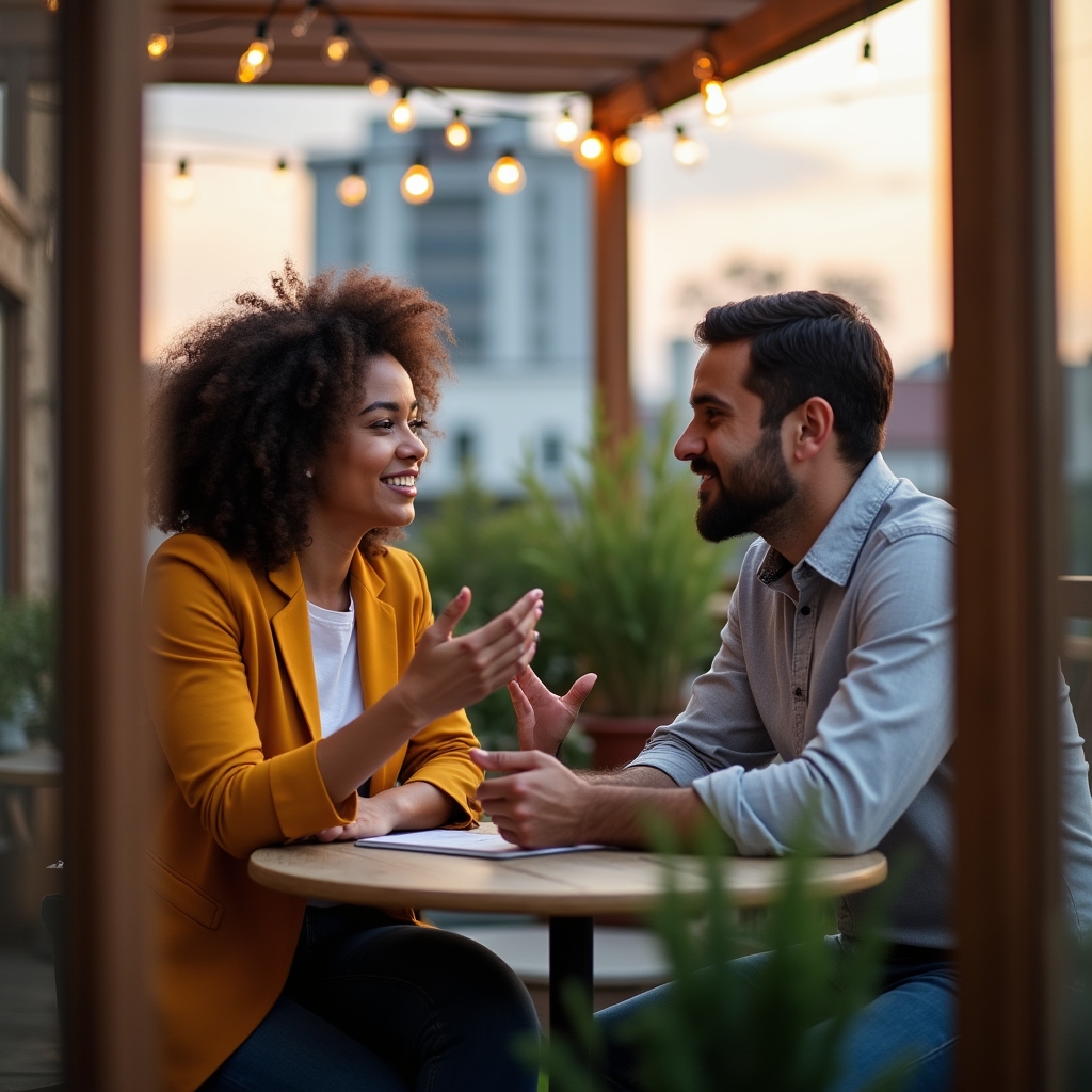 Mentor conversando con una persona sobre su proceso creativo en una terraza urbana