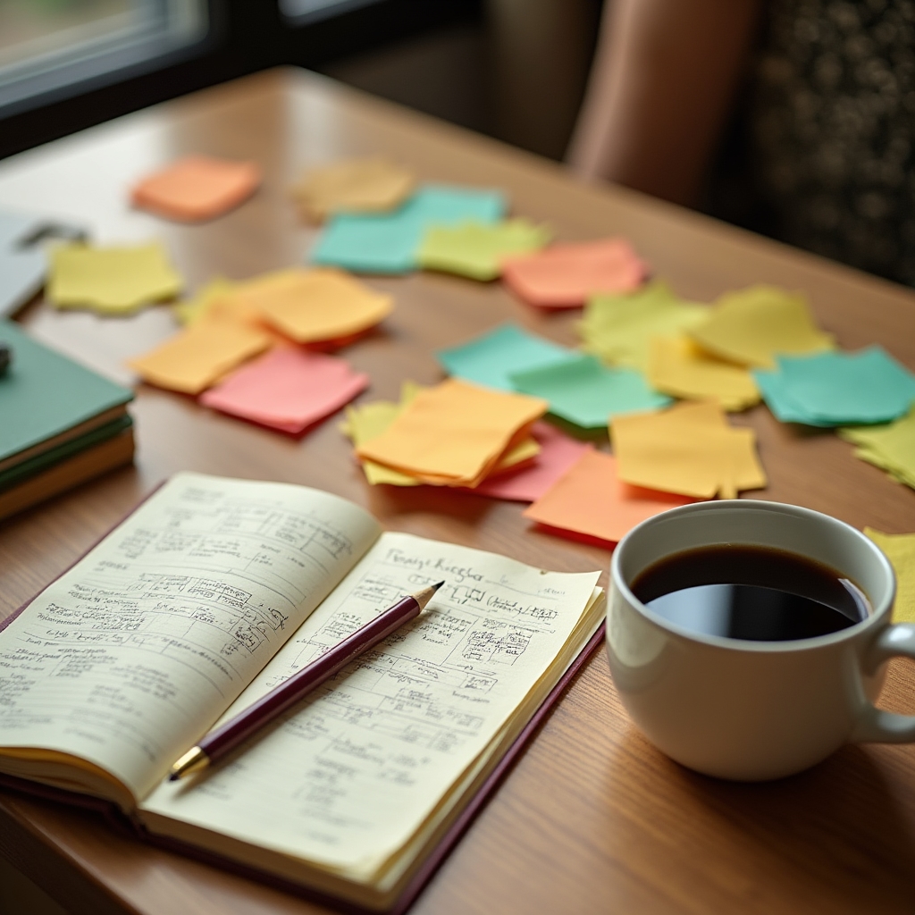 Notas adhesivas de colores organizadas sobre una mesa de trabajo durante una sesión de ideas