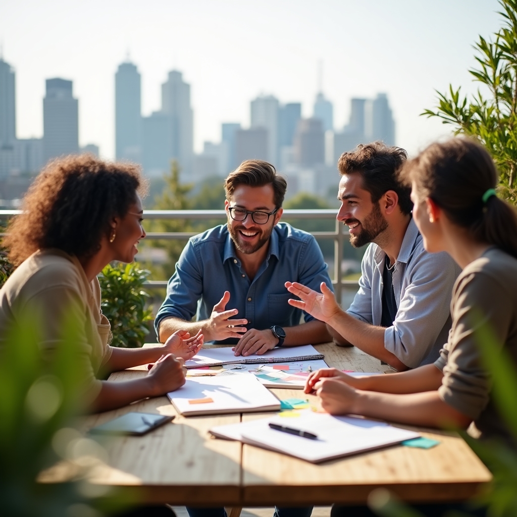 Grupo de profesionales trabajando en una sesión creativa al aire libre en una terraza